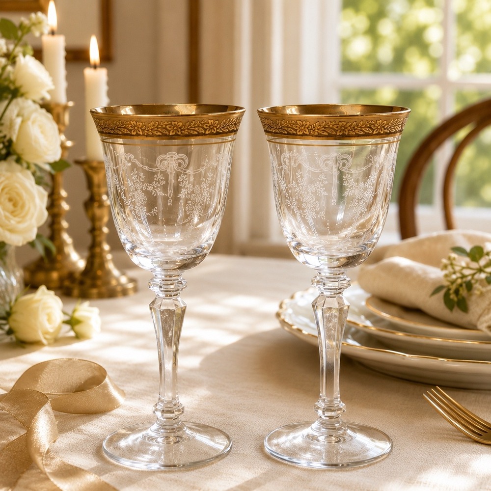 Vintage Etched Crystal Wine Glasses Gold Encrusted Floral Rim Set of 2 7.5"